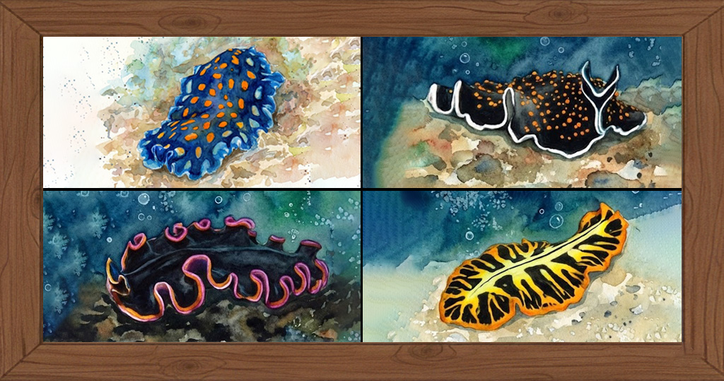 Dibujo de cuatro planarias marinas, del orden polycladida